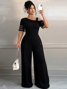 Elenzga Plus Size Women Casual Solid Color Minimalist Asymmetric Jumpsuit - Black - View 6