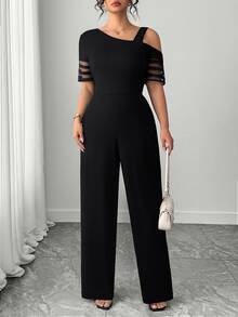 Elenzga Plus Size Women Casual Solid Color Minimalist Asymmetric Jumpsuit - Black - View 4