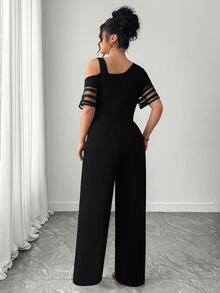 Elenzga Plus Size Women Casual Solid Color Minimalist Asymmetric Jumpsuit - Black - View 3
