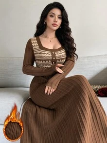 Feyla Women's Geometric Pattern Button Design Long Sleeve Elegant Knit Dress - Multicolor - View 1