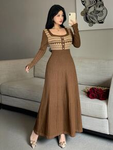 Feyla Women's Geometric Pattern Button Design Long Sleeve Elegant Knit Dress - Multicolor - View 6