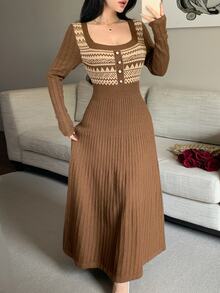 Feyla Women's Geometric Pattern Button Design Long Sleeve Elegant Knit Dress - Multicolor - View 7