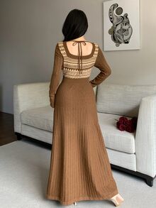 Feyla Women's Geometric Pattern Button Design Long Sleeve Elegant Knit Dress - Multicolor - View 3