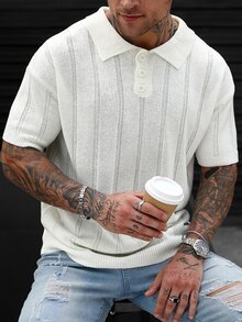 Claim Dot Men's Solid Color Front Button Short Sleeve Casual Sweater - Beige - View 5