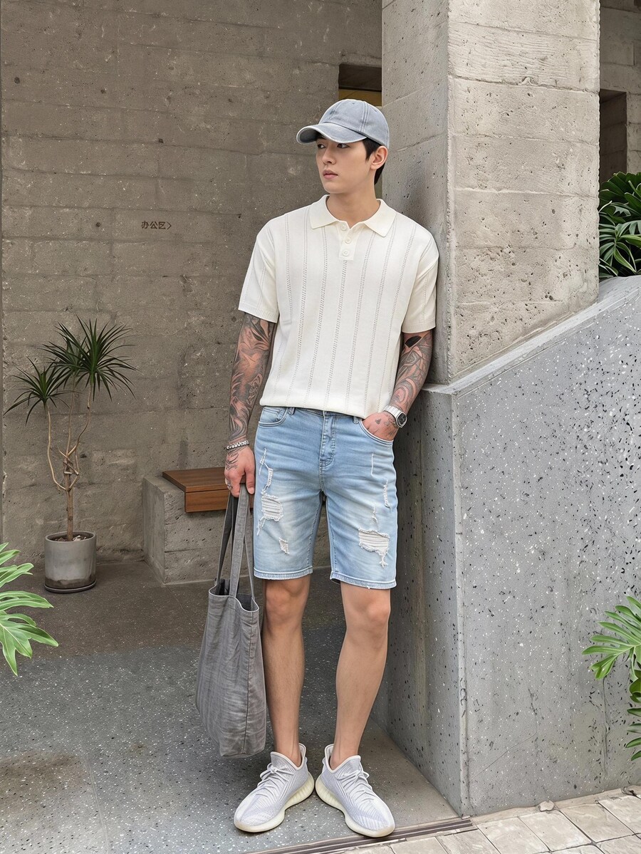Claim Dot Men's Solid Color Front Button Short Sleeve Casual Sweater - Beige - View 1