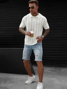 Claim Dot Men's Solid Color Front Button Short Sleeve Casual Sweater - Beige - View 4