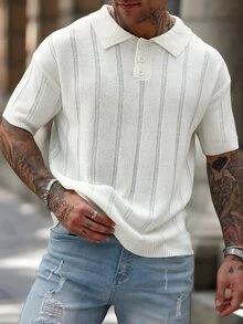 Claim Dot Men's Solid Color Front Button Short Sleeve Casual Sweater - Beige - View 3