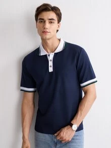 Claim Dot 男士休闲撞色滚边 Polo 领短袖针织衫，夏季 - 藏蓝色 - 查看 7
