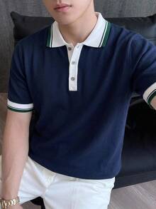 Claim Dot 男士休闲撞色滚边 Polo 领短袖针织衫，夏季 - 藏蓝色 - 查看 2