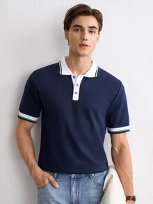 Claim Dot 男士休闲撞色滚边 Polo 领短袖针织衫，夏季 - 藏蓝色 - 查看 8