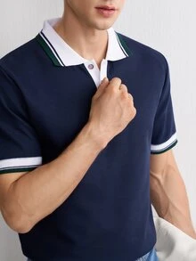Claim Dot 男士休闲撞色滚边 Polo 领短袖针织衫，夏季 - 藏蓝色 - 查看 6