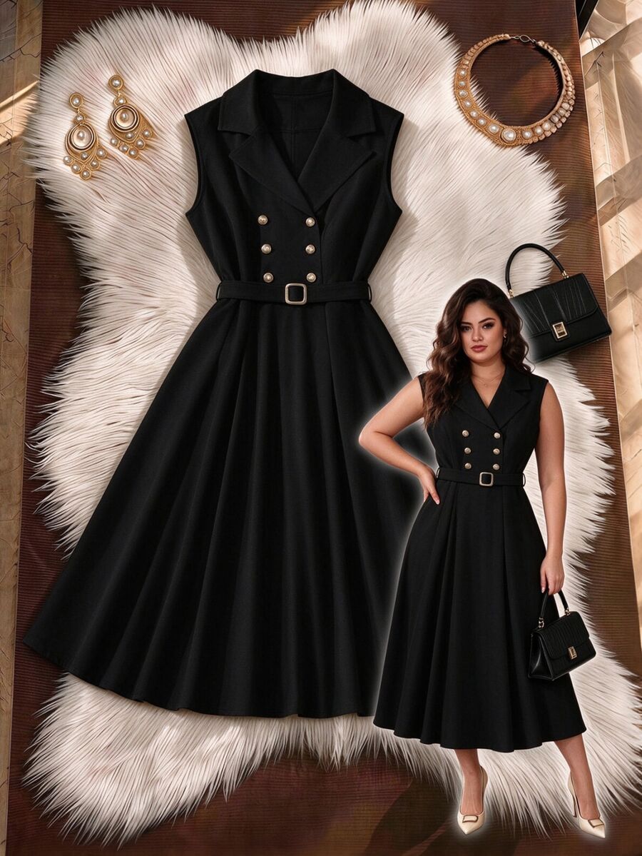 Formidée Plus Size Women Apricot Solid Color Sleeveless Double-Breasted Waist Metallic Buckle Elegant Commuter Dress - Black - View 1