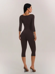 SHEIN PETITE Women's Solid Color Casual Sexy Daily Wear Jumpsuit Gym Pilates Dark Brown Fall - Coffee Brown - View 2