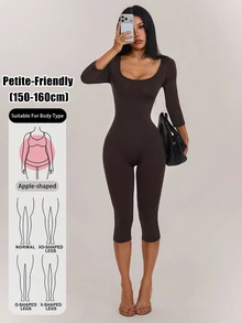 SHEIN PETITE Women's Solid Color Casual Sexy Daily Wear Jumpsuit Gym Pilates Dark Brown Fall - Coffee Brown - View 8