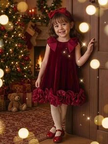 SHEIN Baby Girl Knit Solid Color Velvet Round Neck 3D Bow Ruffle Sleeveless Dress - Multicolor - View 2