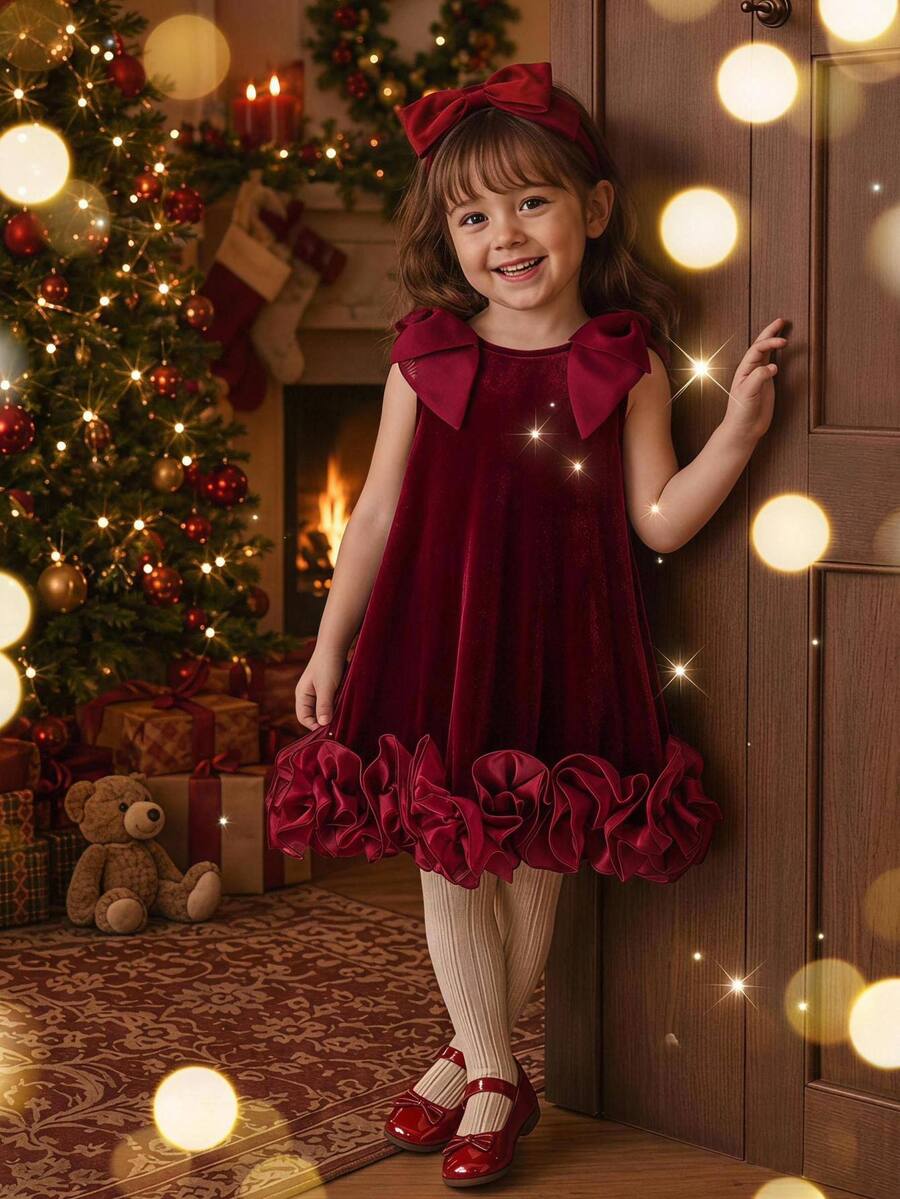 SHEIN Baby Girl Knit Solid Color Velvet Round Neck 3D Bow Ruffle Sleeveless Autumn Winter Dress - Multicolor - View 1