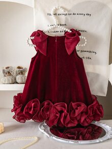 SHEIN Baby Girl Knit Solid Color Velvet Round Neck 3D Bow Ruffle Sleeveless Dress - Multicolor - View 3