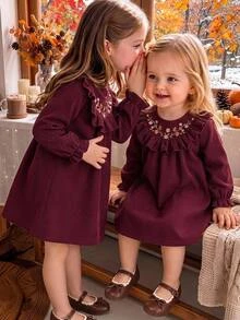 SHEIN Baby Girl Floral Embroidery Ruffle Trim Flounce Sleeve Corduroy Autumn Dress - Multicolor - View 2