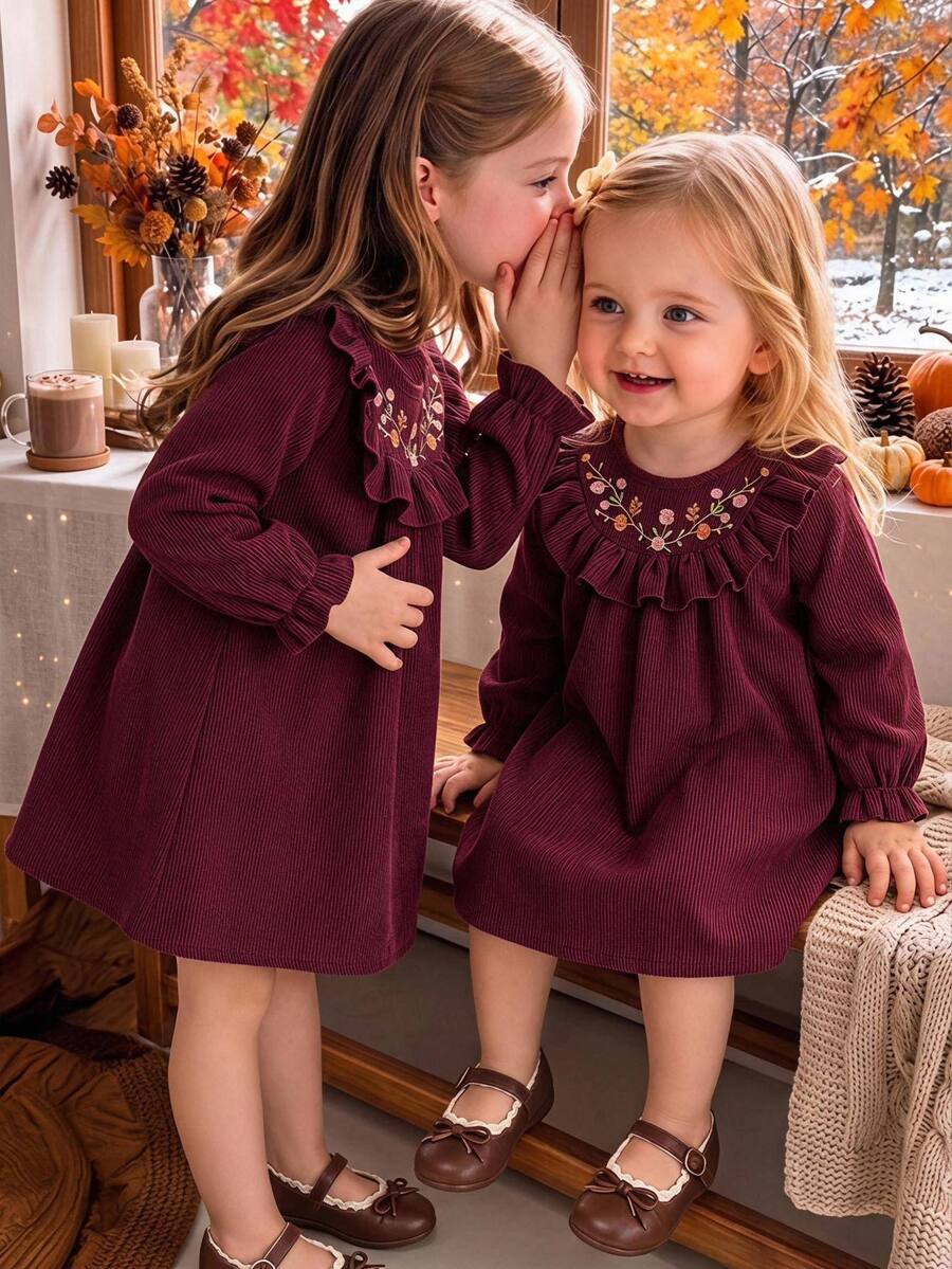 SHEIN Baby Girl Floral Embroidery Ruffle Trim Flounce Sleeve Corduroy Autumn Dress - Multicolor - View 1