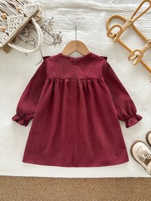 SHEIN Baby Girl Floral Embroidery Ruffle Trim Flounce Sleeve Corduroy Autumn Dress - Multicolor - View 3