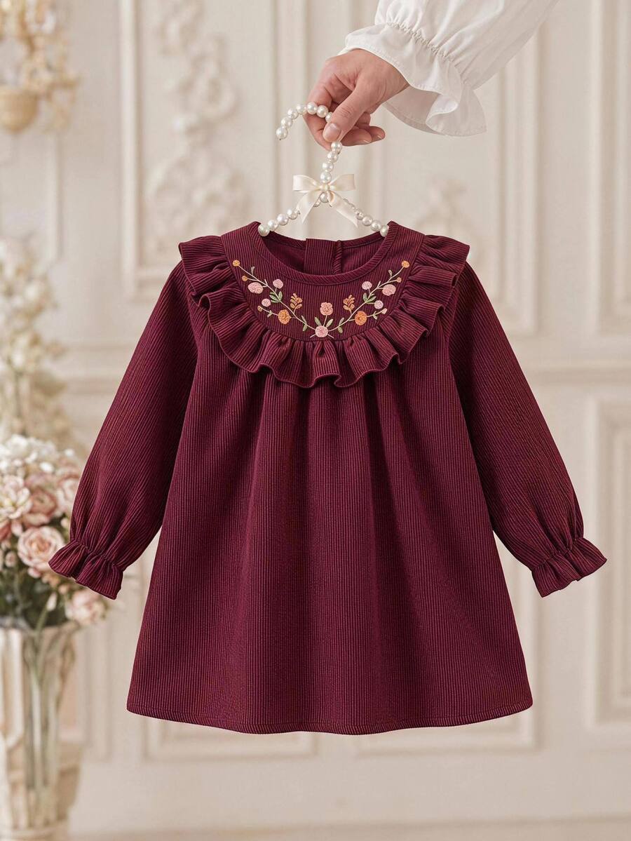 SHEIN Baby Girl Floral Embroidery Ruffle Trim Flounce Sleeve Corduroy Autumn Dress - Multicolor - View 1