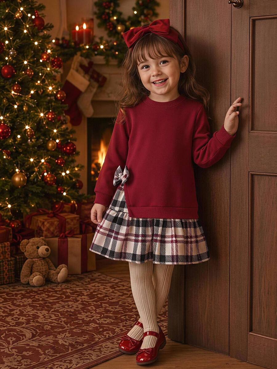 SHEIN Baby Girl Contrast Plaid Print Bow Detail 2 In 1 Sweatshirt Autumn Dress - Multicolor - View 1