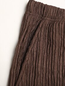 SHEIN 青少年女孩多功能純色棕色紋理針織布料長袖上衣與寬腿褲2件套，秋冬休閒穿搭 - 棕色 - 查看 8