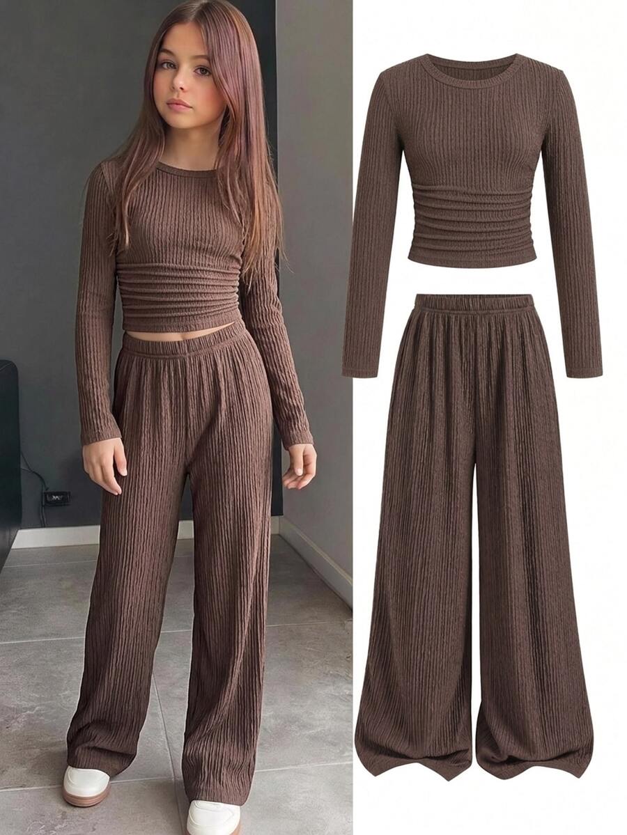 SHEIN Tween Girls Versatile Solid Brown Textured Knit Fabric Long Sleeve Top Tee And Wide Leg Pants 2 Pieces Set, Autumn Winter Casual Outfit - Brown - View 1