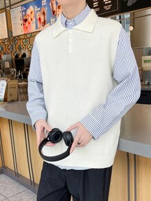 Claim Dot 男士素色針織背心，春秋返校、冬季、節日穿搭 - 杏色 - 查看 4