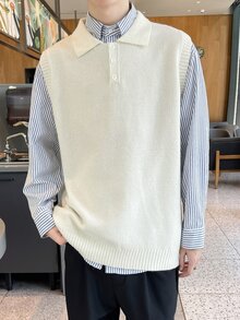Claim Dot 男士素色針織背心，春秋返校、冬季、節日穿搭 - 杏色 - 查看 3
