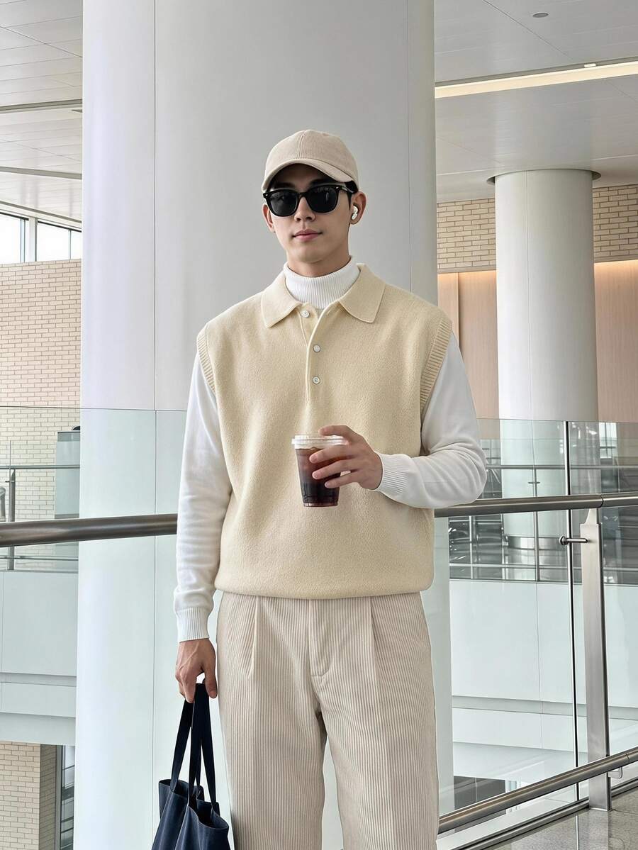 Claim Dot 男士素色針織背心,春秋返校、冬季、節日穿搭 - 杏色 - 查看 1