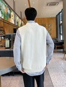Claim Dot 男士素色針織背心，春秋返校、冬季、節日穿搭 - 杏色 - 查看 2