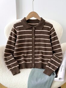 SHEIN Áo cardigan len dệt kim phối màu sọc vintage cho thiếu nữ mùa thu - Cà phê nâu - Xem 7