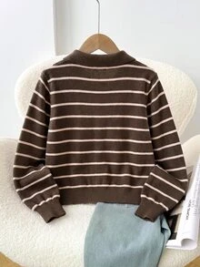 SHEIN Áo cardigan len dệt kim phối màu sọc vintage cho thiếu nữ mùa thu - Cà phê nâu - Xem 2
