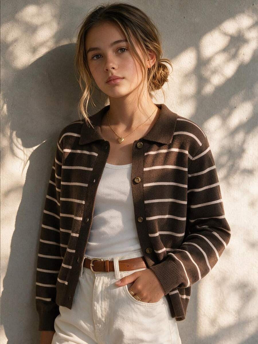 SHEIN Áo cardigan len dệt kim phối màu sọc vintage cho thiếu nữ mùa thu - Cà phê nâu - Xem 1