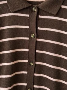 SHEIN Áo cardigan len dệt kim phối màu sọc vintage cho thiếu nữ mùa thu - Cà phê nâu - Xem 3