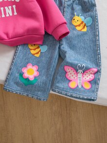 SHEIN Baby Girl Letter Graphic Pullover Sweatshirt & Cartoon Bee Butterfly Print Jeans Set - Multicolor - View 4
