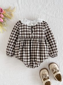 SHEIN 新生女嬰可愛拼接彼得潘領長袖連身衣，秋冬款 - 彩色 - 查看 3