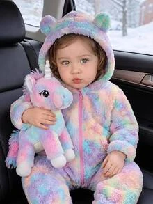 SHEIN Baby Girl Tie Dye 3D Ear Design Zip Up Hooded Flannel Jumpsuit - Multicolor - View 1