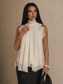 SHEIN PETITE 女款優雅雪紡蕾絲拼接荷葉領上衣 - 杏色 - 查看 10
