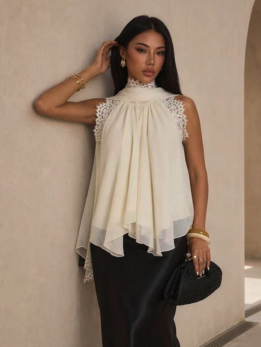 SHEIN PETITE Women's Elegant Chiffon Lace Patchwork Ruffle Collar Top - Apricot - View 1