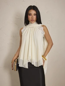 SHEIN PETITE 女款優雅雪紡蕾絲拼接荷葉領上衣 - 杏色 - 查看 6