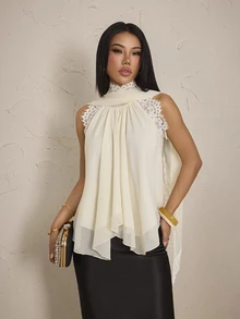 SHEIN PETITE 女款優雅雪紡蕾絲拼接荷葉領上衣 - 杏色 - 查看 7