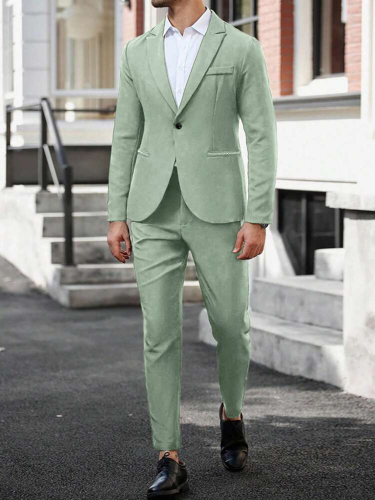Calvornis Men's Solid Color Lapel Neck Long Sleeve Blazer And Pants Casual Suit Set Wedding Outfit For Men Suits Fashion Formal, Ceremony - Green - View 3