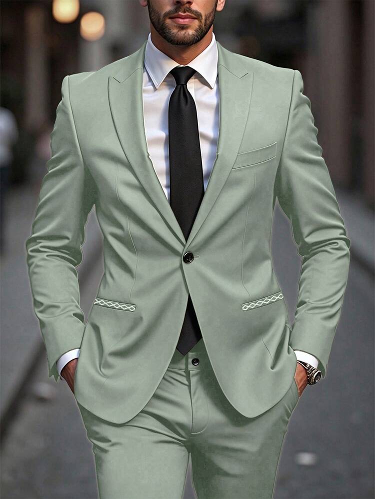 Calvornis Men's Solid Color Lapel Neck Long Sleeve Blazer And Pants Casual Suit Set Wedding Outfit For Men Suits Fashion Formal, Ceremony - Green - View 7