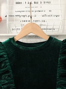SHEIN Gaun Anak Perempuan Remaja, Gaun Pesta Natal, Gaun Pesta Musim Gugur, Gaun Beludru Hijau Polos Berkerut, Gaun Piknik Musim Gugur Lengan Panjang dengan Hiasan Berkerut dan Rumbai - Dark Green - View 4