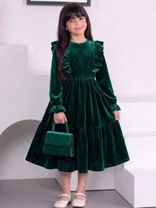 SHEIN Gaun Anak Perempuan Remaja, Gaun Pesta Natal, Gaun Pesta Musim Gugur, Gaun Beludru Hijau Polos Berkerut, Gaun Piknik Musim Gugur Lengan Panjang dengan Hiasan Berkerut dan Rumbai - Dark Green - View 7