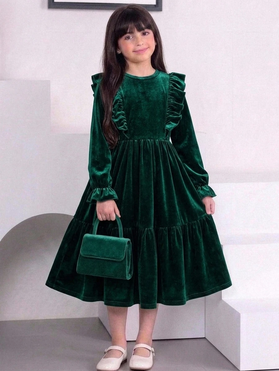 SHEIN Tween Girl Solid Green Velvet Ruffle Dress Autumn Picnic Long Sleeve Ruffle Trim Flounce Loose Dress , Christmas Dress Party Dress - Dark Green - View 1