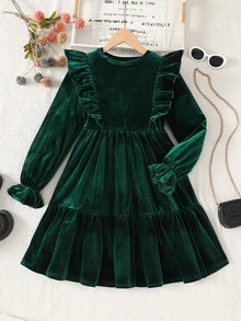 SHEIN Gaun Anak Perempuan Remaja, Gaun Pesta Natal, Gaun Pesta Musim Gugur, Gaun Beludru Hijau Polos Berkerut, Gaun Piknik Musim Gugur Lengan Panjang dengan Hiasan Berkerut dan Rumbai - Dark Green - View 2