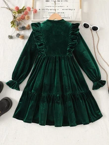 SHEIN Gaun Anak Perempuan Remaja, Gaun Pesta Natal, Gaun Pesta Musim Gugur, Gaun Beludru Hijau Polos Berkerut, Gaun Piknik Musim Gugur Lengan Panjang dengan Hiasan Berkerut dan Rumbai - Dark Green - View 3